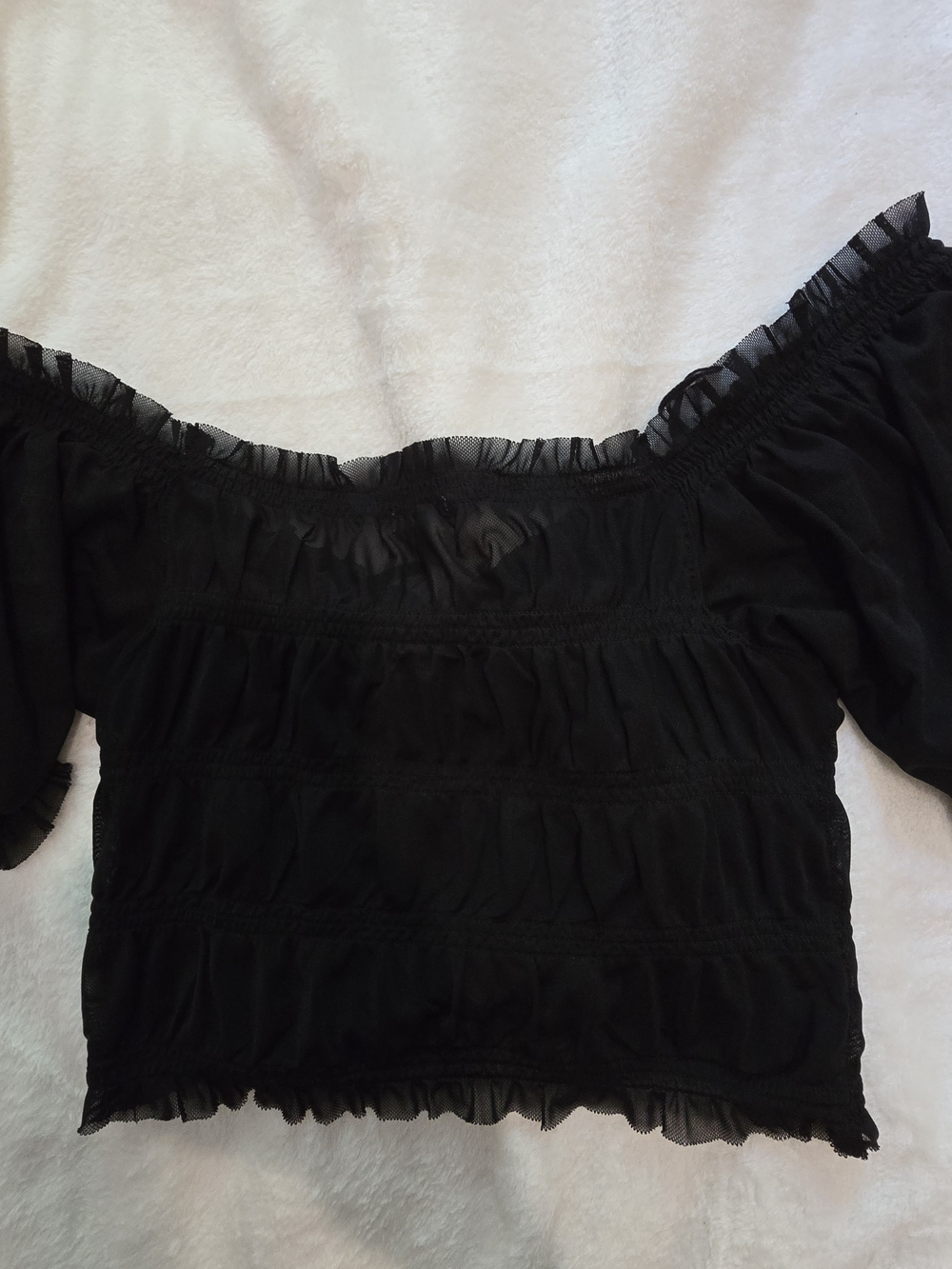 Garage Black Sheer Mesh Ruched Milkmaid Crop Top XS Whimsigoth Puff Sleeve - Picture 11 of 11